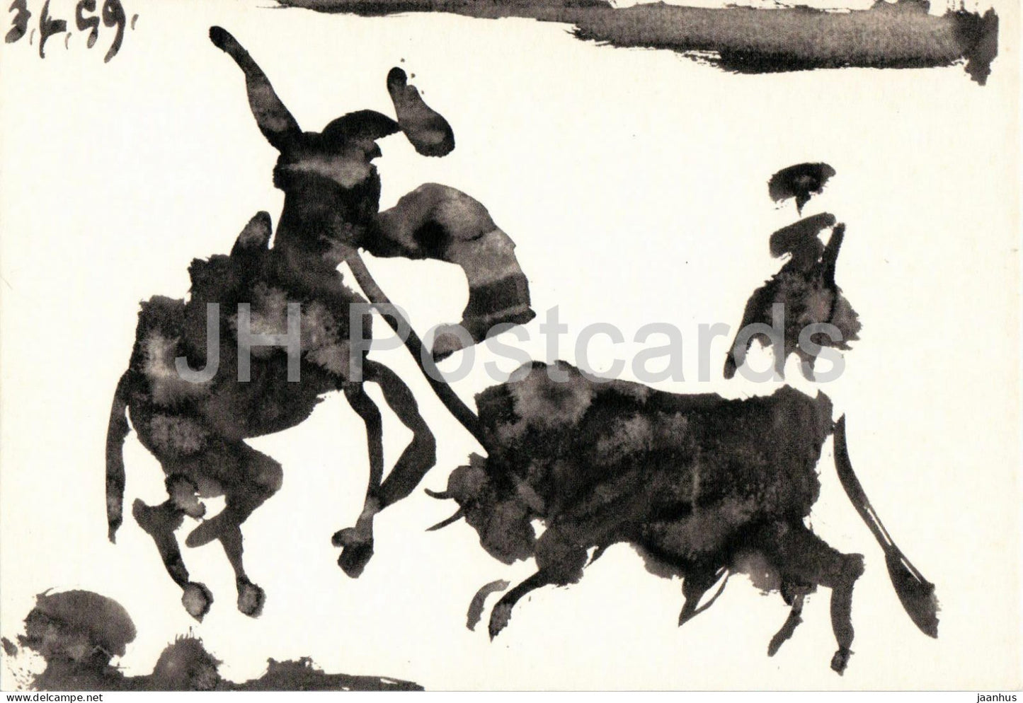 drawing by Pablo Picasso - Toros y Toreros no 2 - horse - bull - Spanish art - 1960s - France - unused - JH Postcards