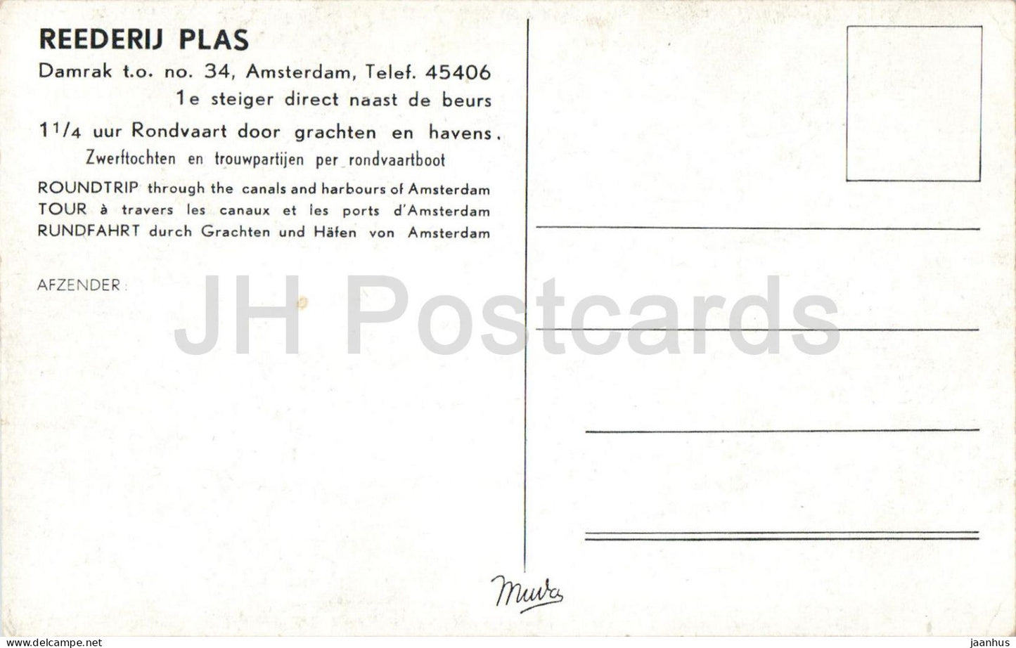 Amsterdam - Reederij Plas Rondvaarten - Amsterdam canal boat - old postcard - 1950s - Netherlands - unused
