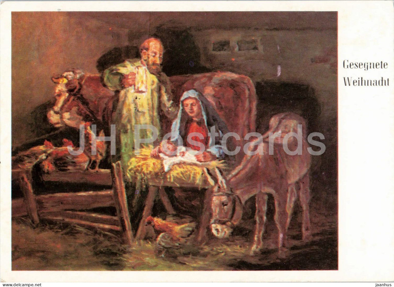 painting by P. Moleveld - An der Krippe - At the Manger - Christmas - donkey - birds - cow - 1960s - Germany - used - JH Postcards