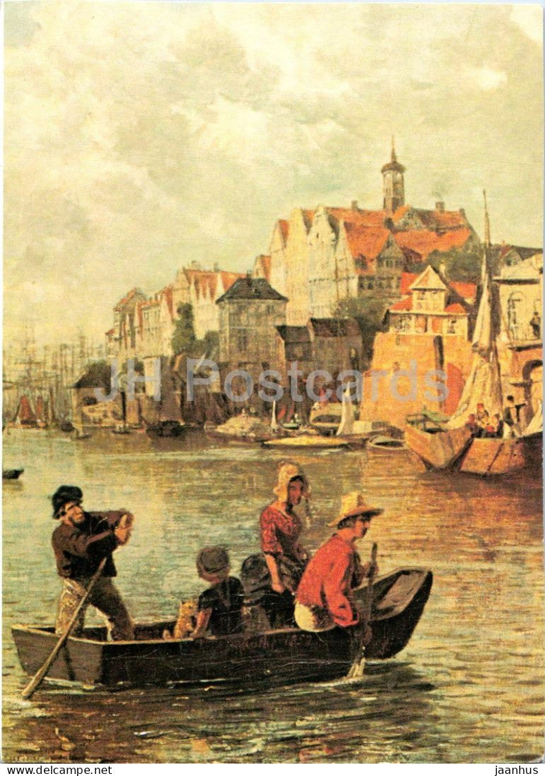 painting by Johann Georg Valentin Ruths - Hamburg Harbour - Hamburger Hafen - boat - German art - Germany - unused - JH Postcards