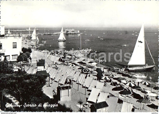 Gabicce - Scorcio di Spiaggia - beach - seaside umbrellas - Adriatic - sailing boat - 258 - old postcard - Italy - used - JH Postcards
