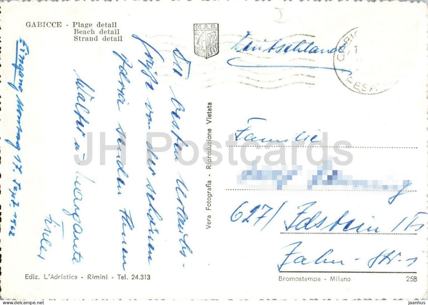 Gabicce - Scorcio di Spiaggia - plage - parasols - Adriatique - voilier - 258 - vieille carte postale - Italie - oblitérée