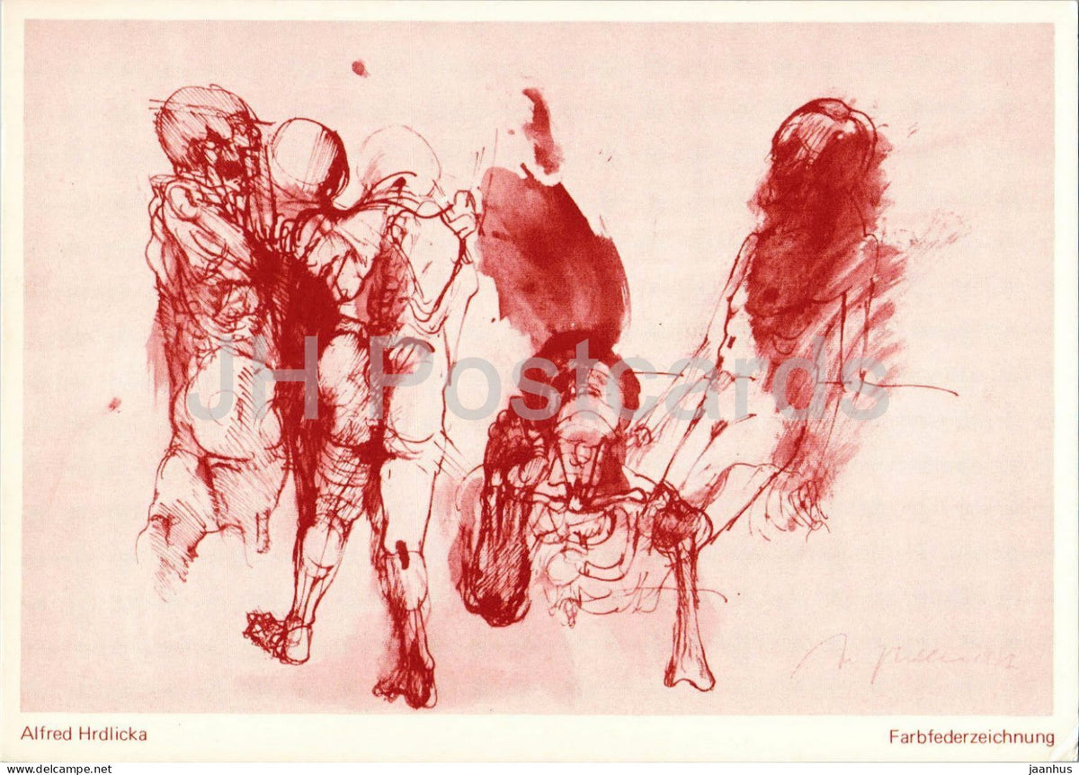 drawing by Alfred Hrdlicka - colour pen drawing - Farbfederzeichnung - Austrian art - 1974 - Austria - used - JH Postcards