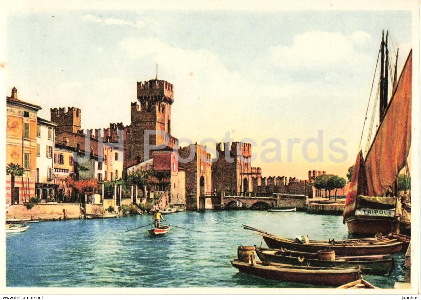 Lago di Garda - Sirmione - Scaliger castle - sailing boat - Tripoli - old postcard - Italy - unused - JH Postcards