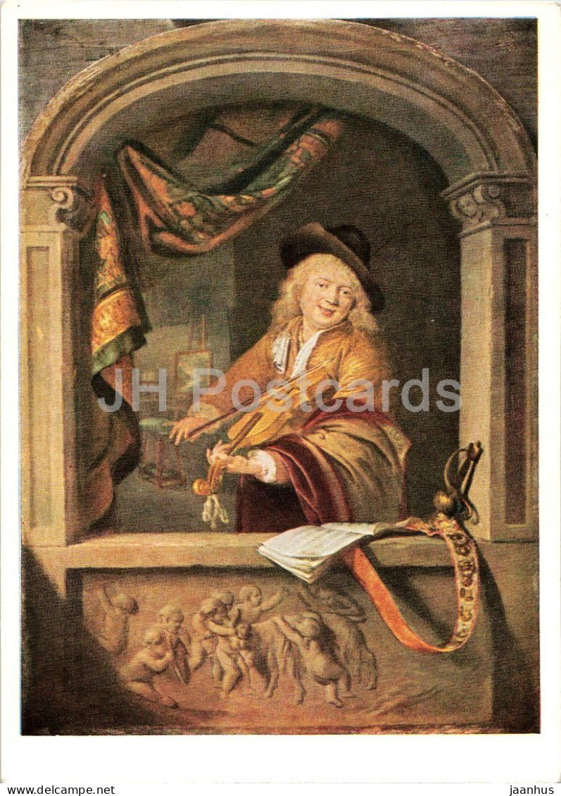 painting by Gerard Dou - The Violin Player - Geiger am Fenster - Dutch art - old postcard - 1958 - Germany DDR - unused - JH Postcards