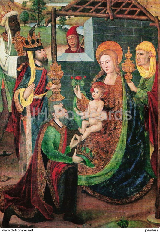 painting by Master of Palanquinos - The Adoration of the Magi - Anbetung - Spanish art - Germany - used - JH Postcards