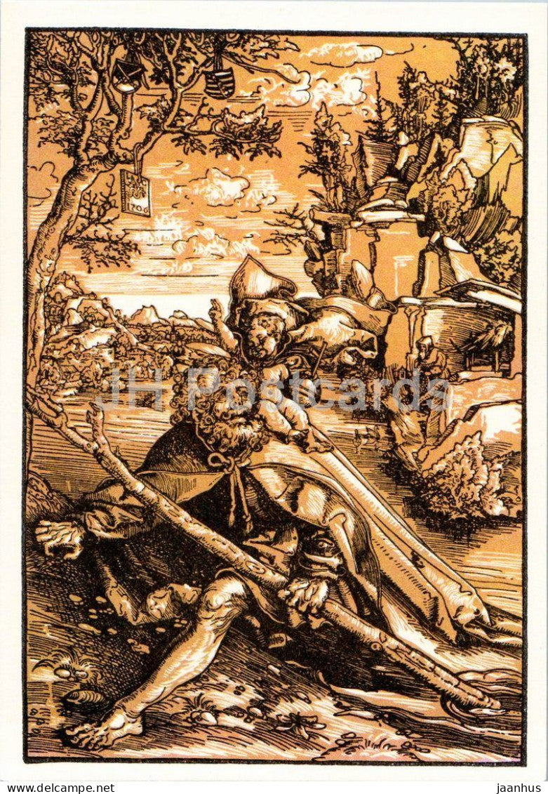 woodcut by Lucas Cranach the Elder - Saint Christopher - Hl. Christophorus - German art - 1971 - Germany DDR - unused - JH Postcards