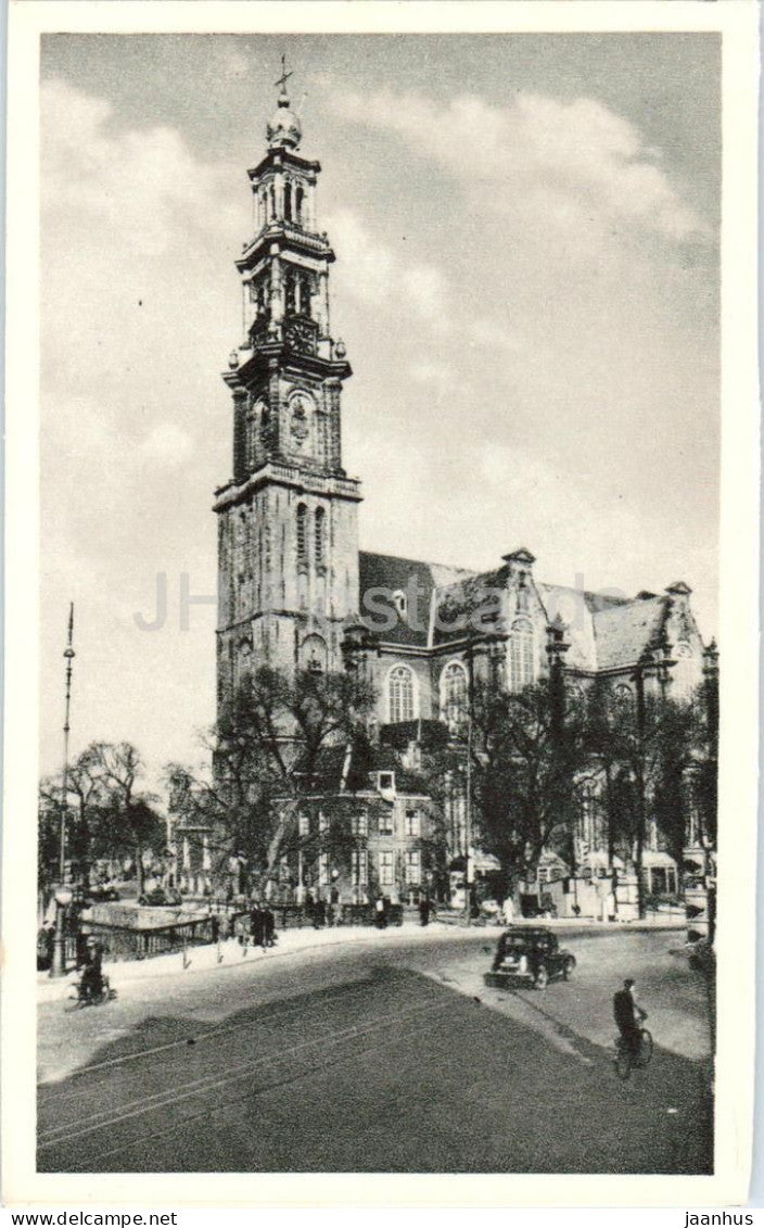 Amsterdam Westertoren - church tower street view - old postcard - 1950s - Netherlands - unused - JH Postcards