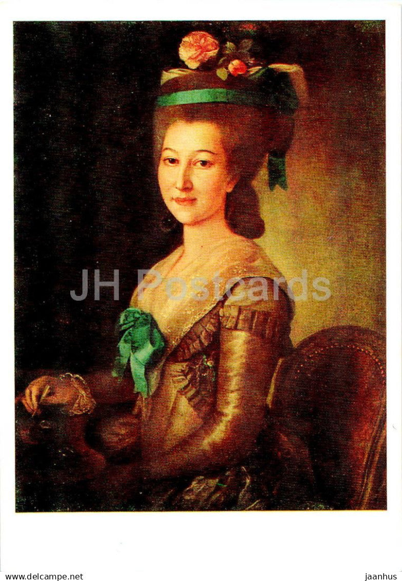 painting by Unknown Artist - Portrait of a woman in a blue dress - Russian art - 1978 - Russia USSR - unused - JH Postcards