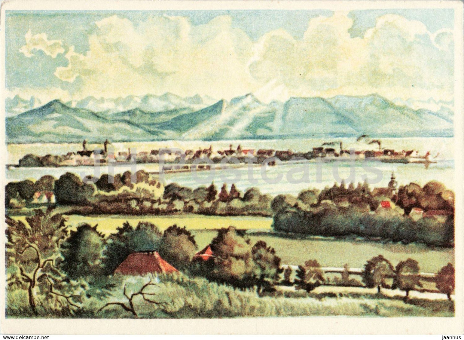 painting by Gebhard Braun - Bodenseelandschaft bei Lindau - Bodensee Landscape near Lindau - German art - Germany - used - JH Postcards