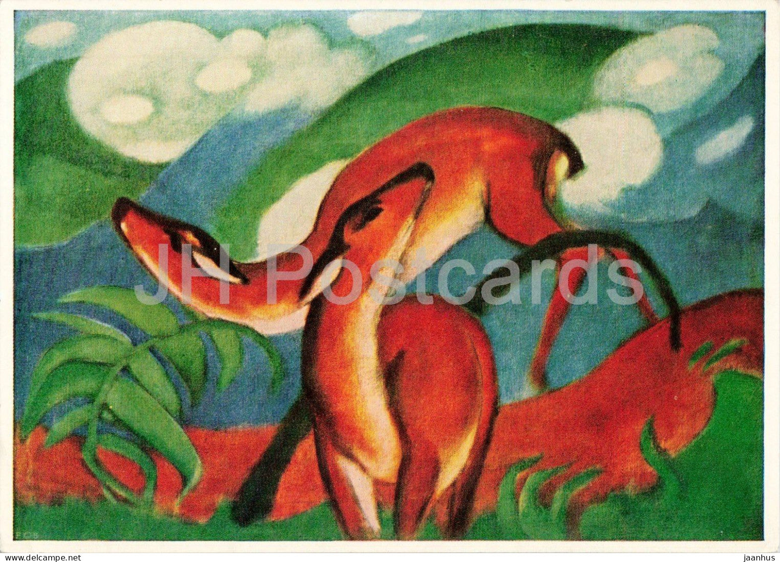 painting by Franz Marc - The Red Deer - Die roten Rehe - deer - animals - German art - 1961 - Germany DDR - used - JH Postcards