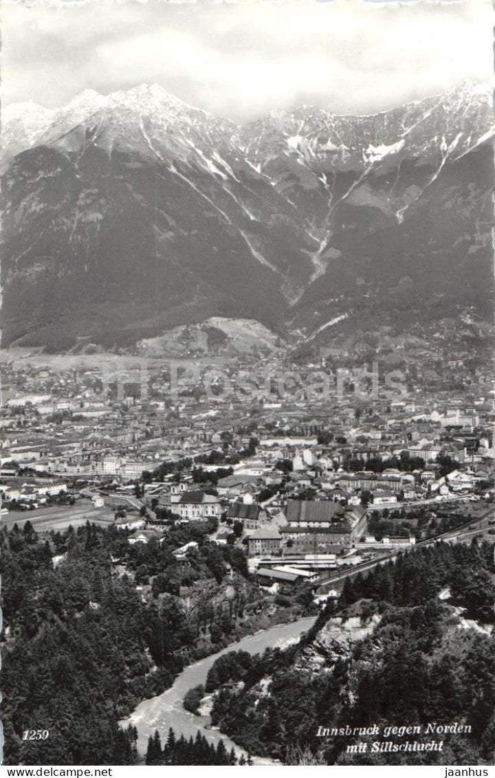 Innsbruck gegen Norden mit Sillschlucht - city panorama - mountains - 1259 - old postcard - 1959 - Austria - used - JH Postcards
