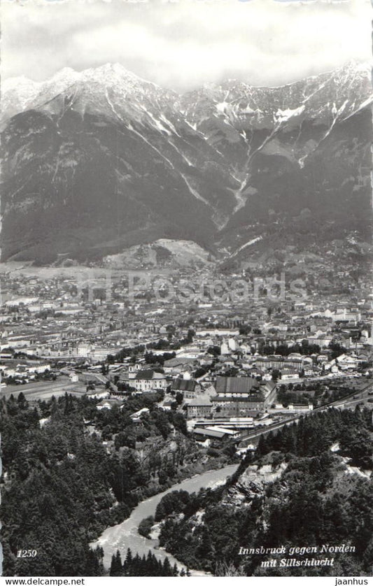 Innsbruck gegen Norden mit Sillschlucht - city panorama - mountains - 1259 - old postcard - 1959 - Austria - used - JH Postcards