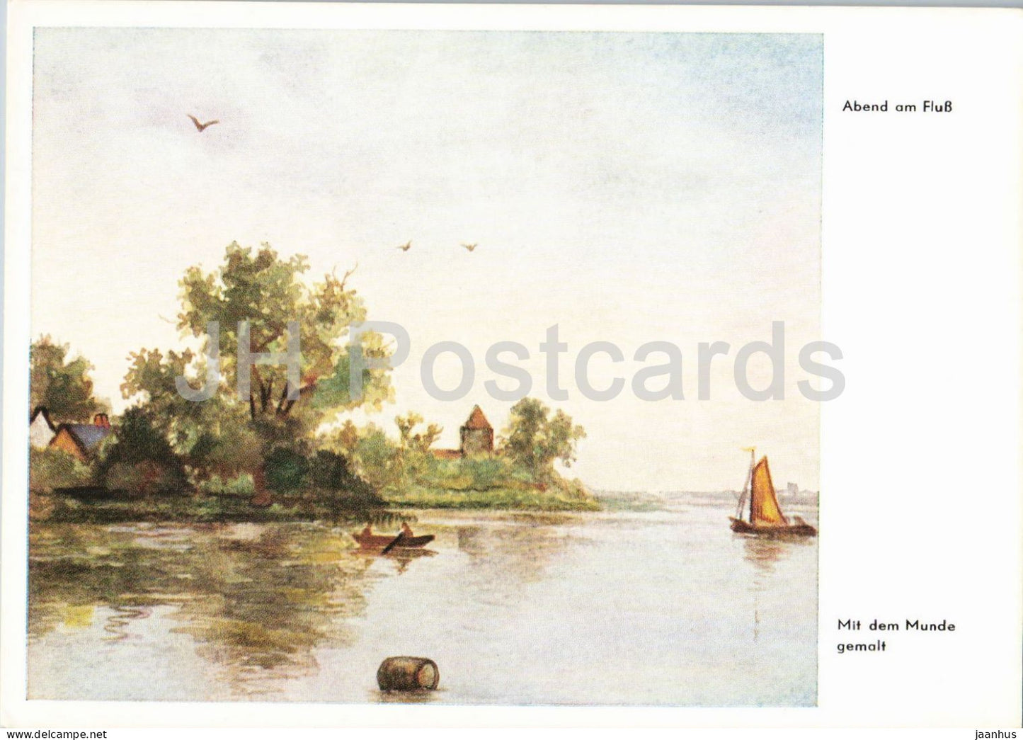 painting by C. F. Riet - Abend am Fluss - Evening on the River - boat - Austrian art - 1002 - Austria - unused - JH Postcards