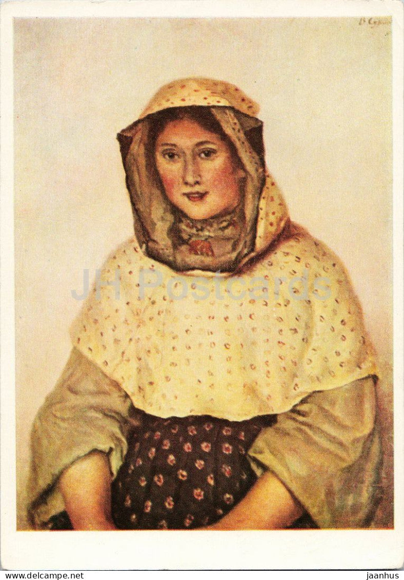 painting by Vasily Surikov - Portrait of T. K. Domoshilova - folk costumes - Russian art - 1954 - Germany DDR - used - JH Postcards