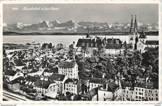 Neuchatel et les Alpes - Alps - mountains - 3414 - old postcard - 1955 - Switzerland - used - JH Postcards