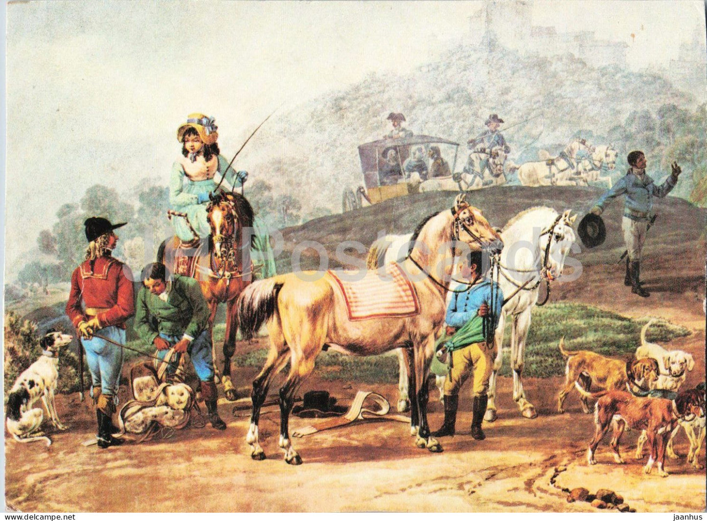 painting by Wilhelm von Kobell - Aufbruch zur Jagd Setting Out for the Hunt horse - dog - German art - Germany - unused - JH Postcards