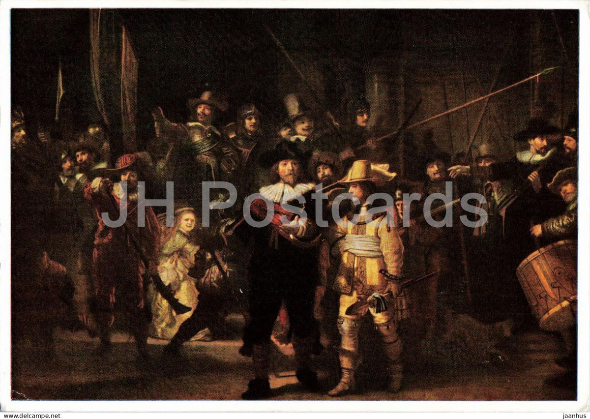 painting by Rembrandt van Rijn - The Night Watch - military - old postcard - 1959 - Belgium - used - JH Postcards