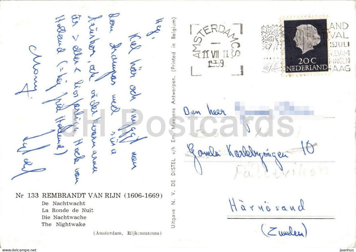 painting by Rembrandt van Rijn - The Night Watch - military - old postcard - 1959 - Belgium - used