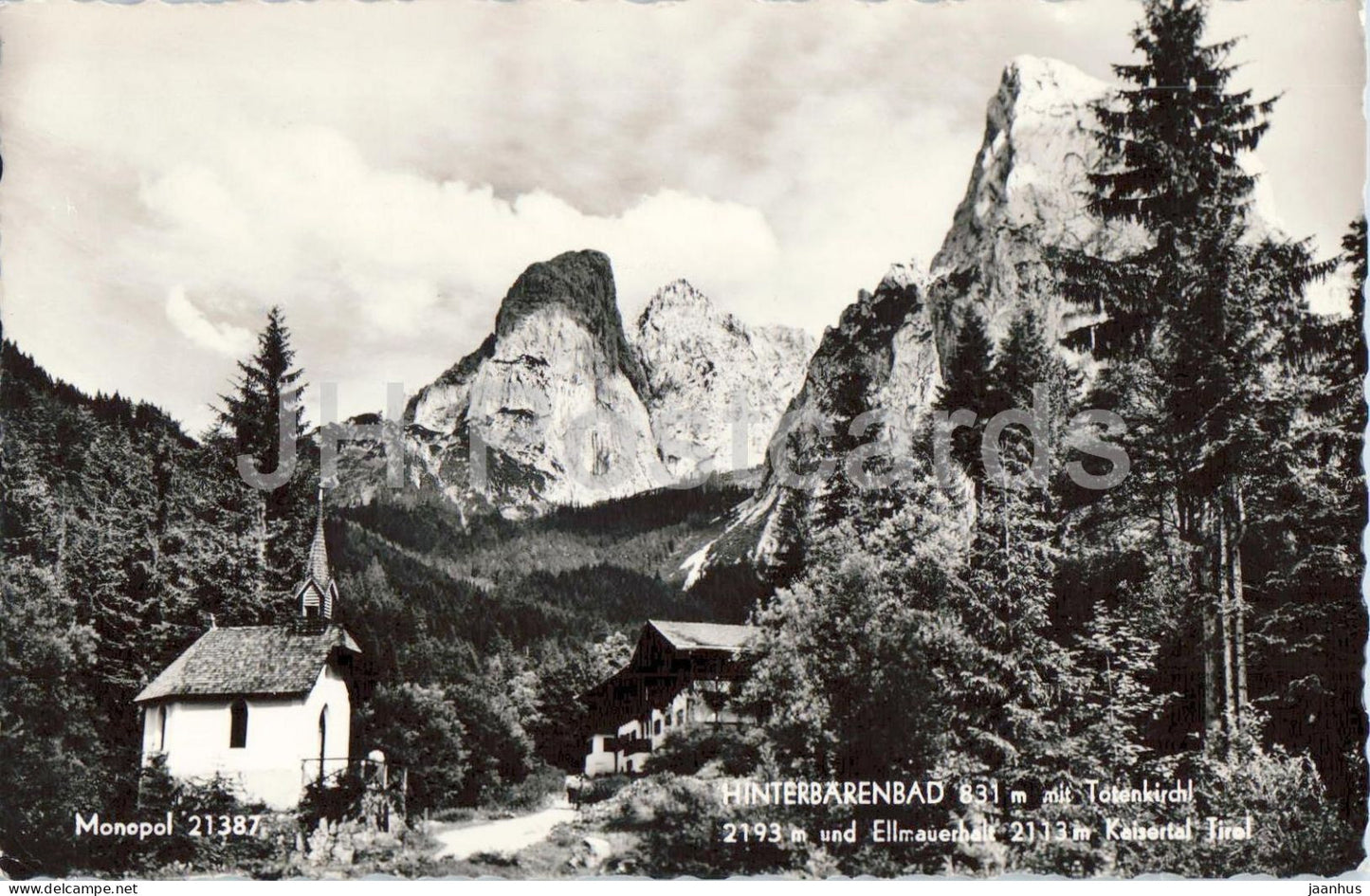 Hinterbarenbad 831 m mit Totenkirchl 2193 m und Ellmauer Halt - Kaisertal - 21387 - old postcard - 1959 - Austria - used - JH Postcards