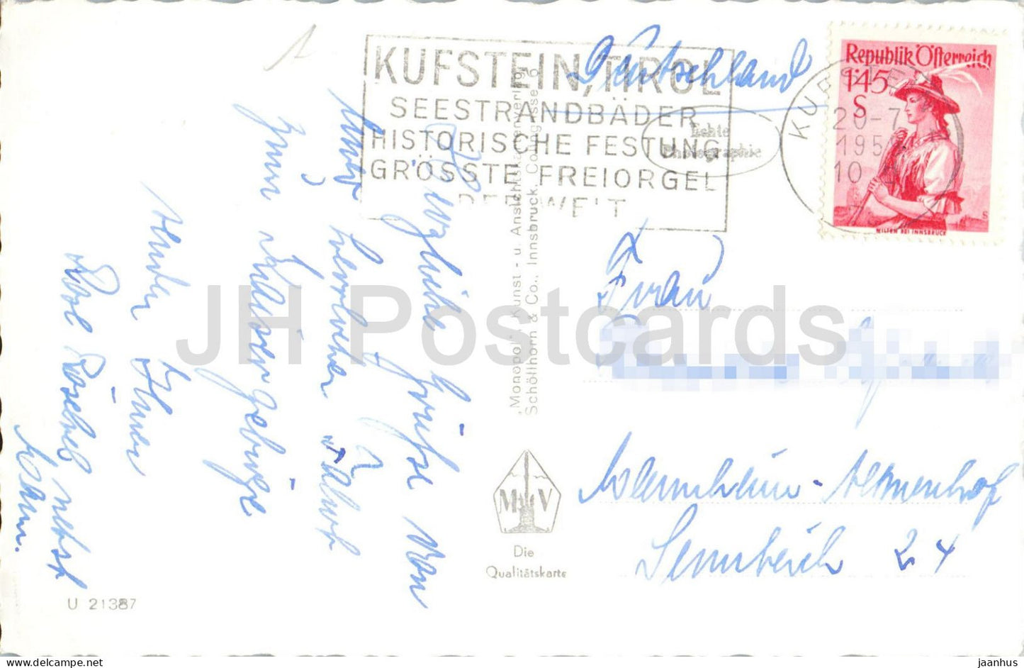 Hinterbarenbad 831 m mit Totenkirchl 2193 m und Ellmauer Halt - Kaisertal - 21387 - carte postale ancienne - 1959 - Autriche - utilisé 