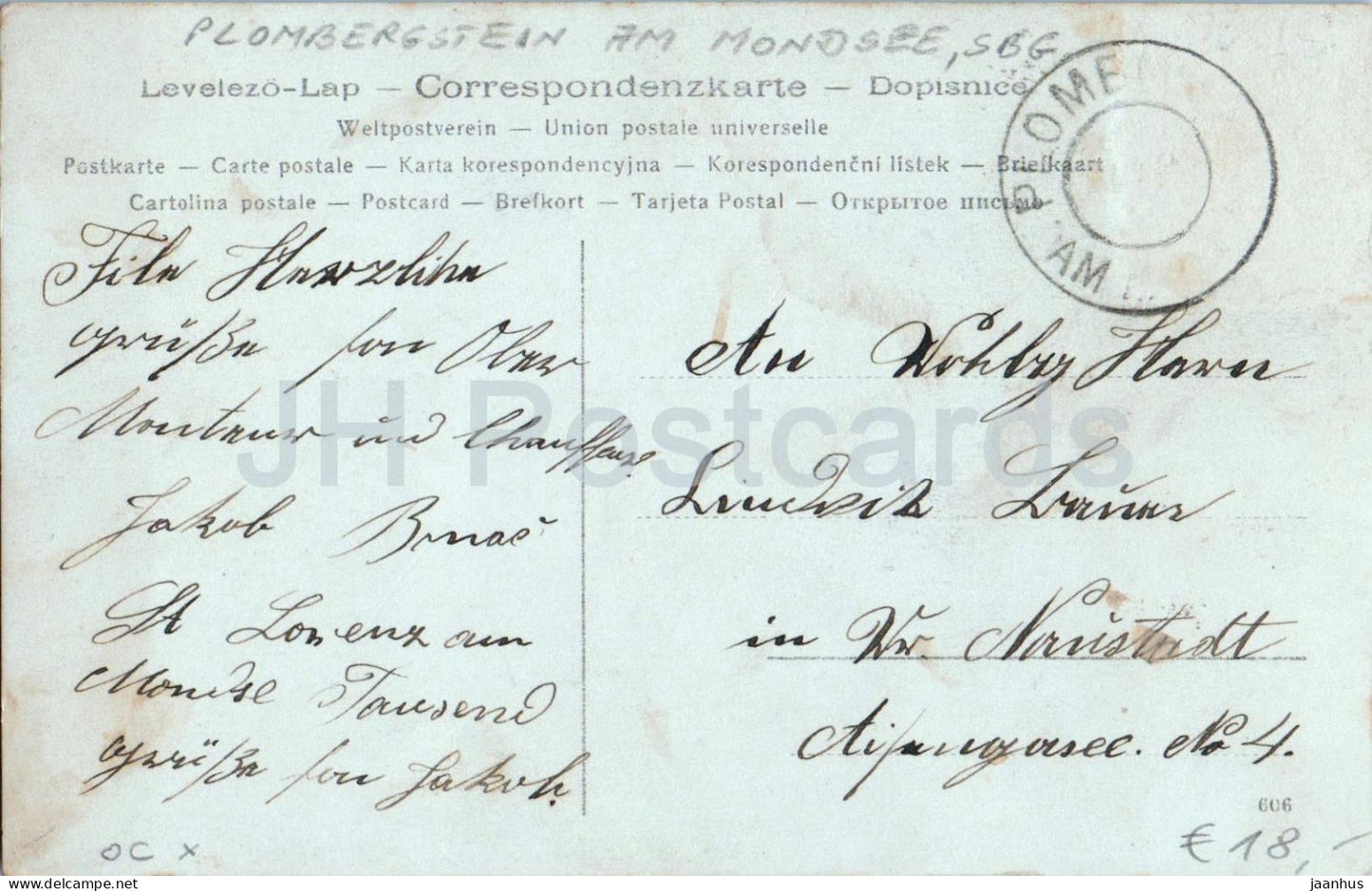 Plombergstein am Mondsee - Mann im Boot auf dem See - lake view - boathouses - old postcard - 1900s - Austria - used