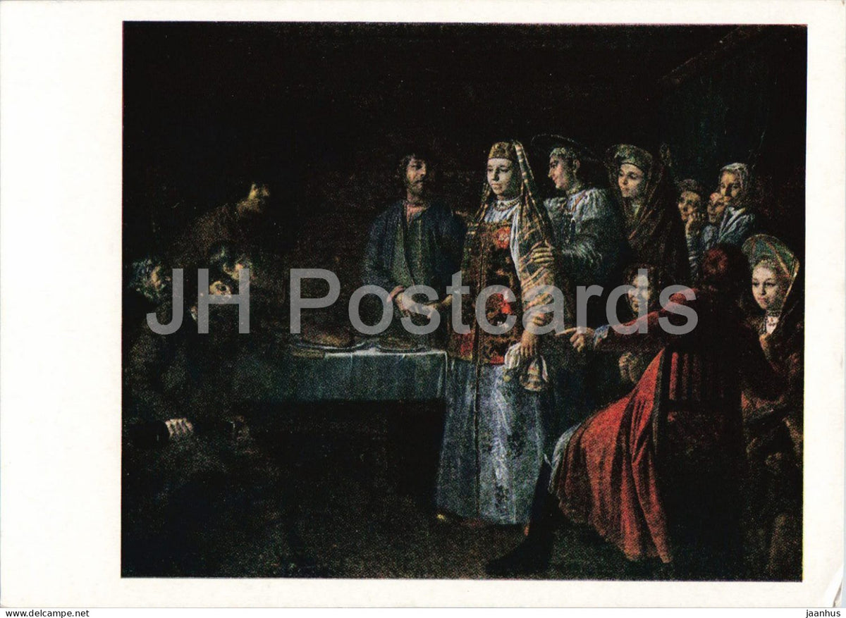 painting by Mikhail Shibanov - Celebration of the Wedding Contract folk costumes Russian art 1963 - Russia USSR - unused - JH Postcards