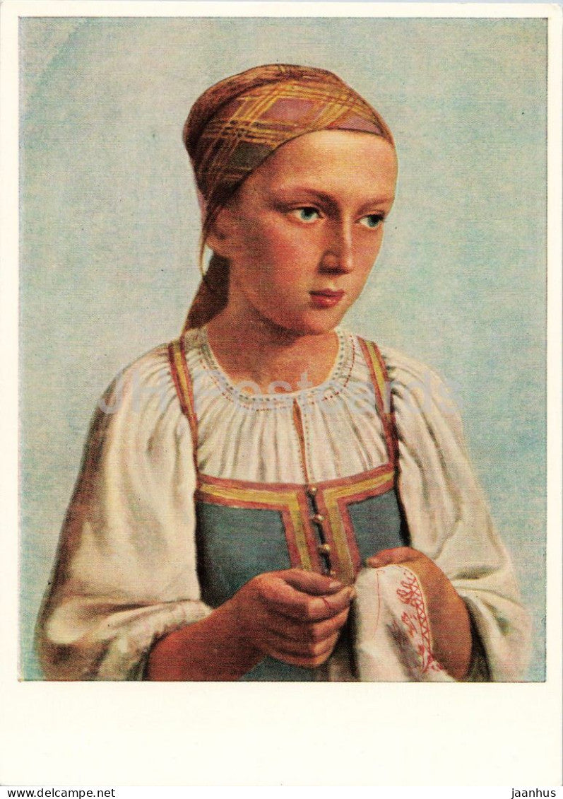 painting by Alexei Venetsianov - Peasant Girl Embroidering - Bauernmadchen beim Sticken Russian art Germany DDR - unused - JH Postcards