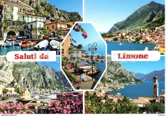 Saluti da Limone - Greetings - lake - village - harbour - multiview - 2013 - Italy - used - JH Postcards