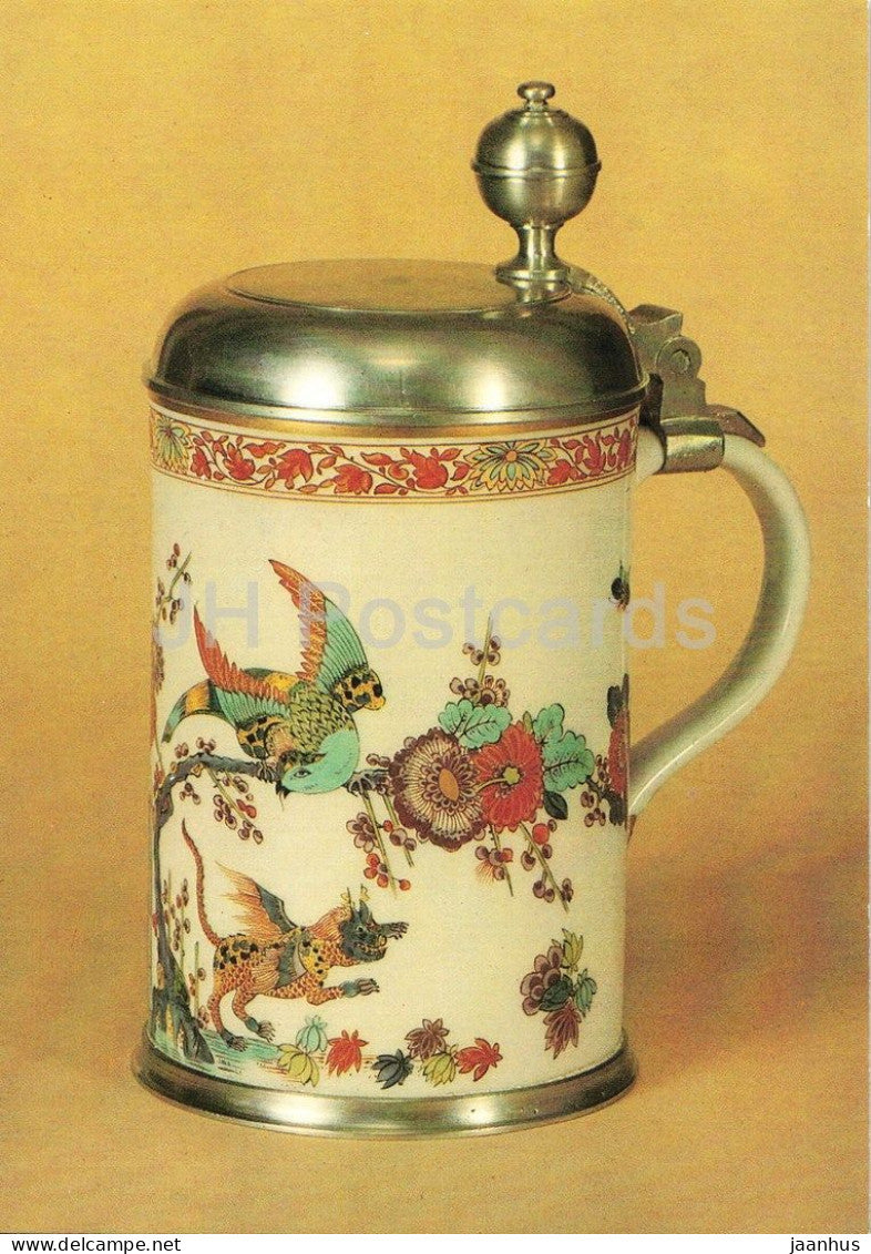 Meissen porcelain - Bier Krug - beer tankard with pewter lid and Chinese decor - birds - 1985 - Germany DDR - unused - JH Postcards