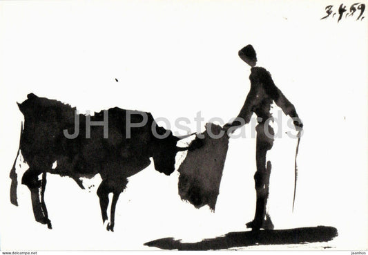drawing by Pablo Picasso - Toros y Toreros no 4 - bull - Spanish art - 1960s - France - unused - JH Postcards