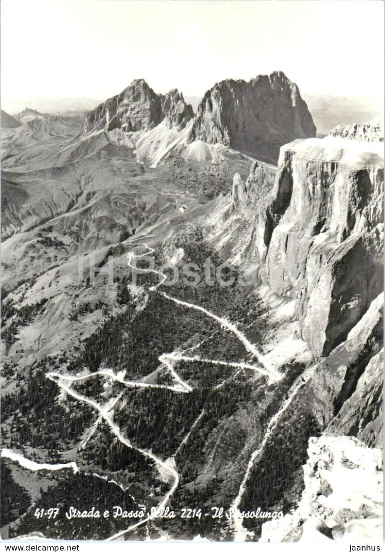 Strada e Passo Sella 2214 - Il Sassolungo - Dolomites - mountains - Alps - 41-97 - old postcard - Italy - unused - JH Postcards