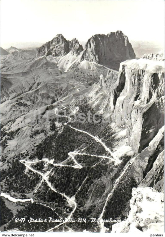 Strada e Passo Sella 2214 - Il Sassolungo - Dolomites - mountains - Alps - 41-97 - old postcard - Italy - unused - JH Postcards