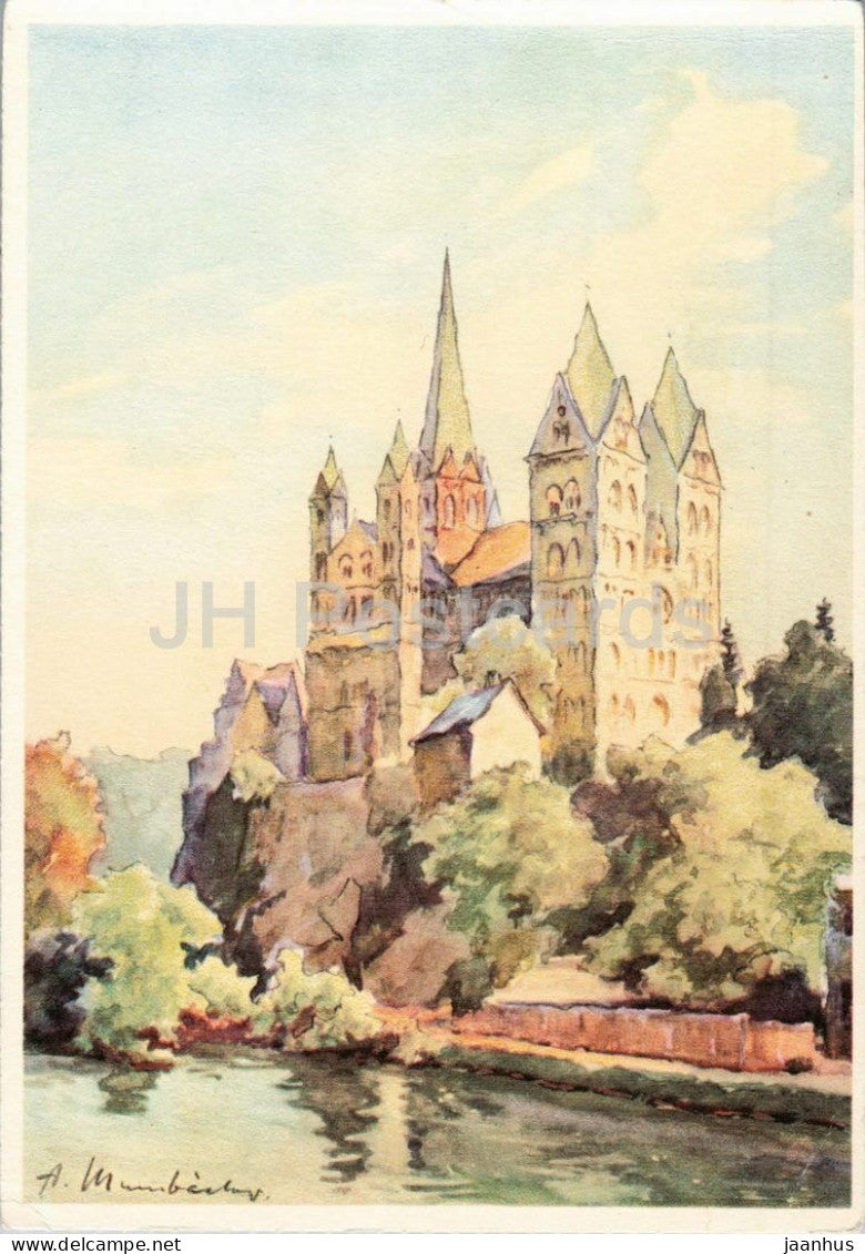 watercolor by H. Mumbacher - Limburg Cathedral - Dom zu Limburg - German art - old postcard - 1950s - Germany - unused - JH Postcards