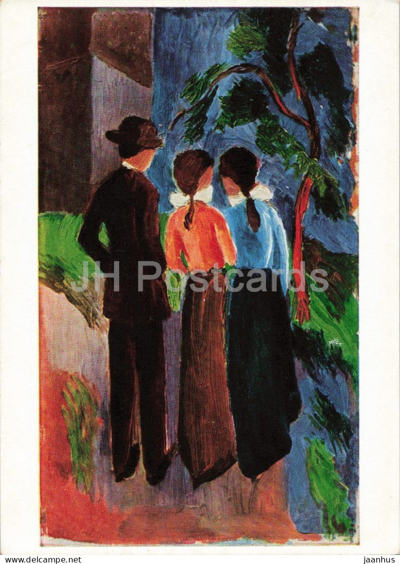 painting by August Macke - Spaziergang zu Dreien - Three Persons Taking a Walk - German art - 1961 - Germany - used - JH Postcards