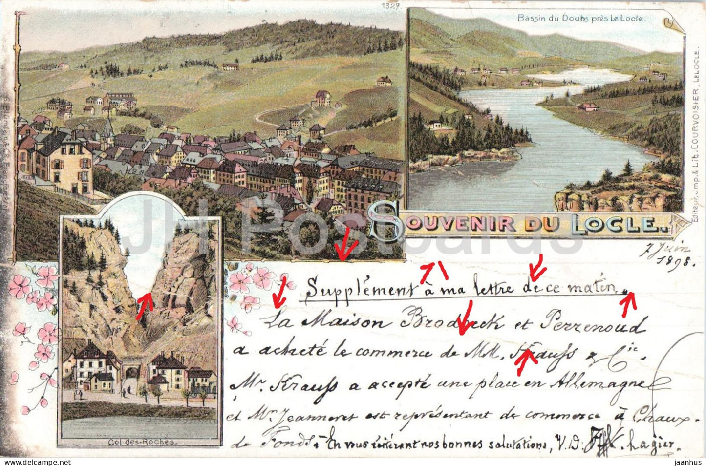 Souvenir du Locle - Col des Roches et Bassin du Doubs - Litho - 1327 - old postcard - 1898 - Switzerland - used - JH Postcards