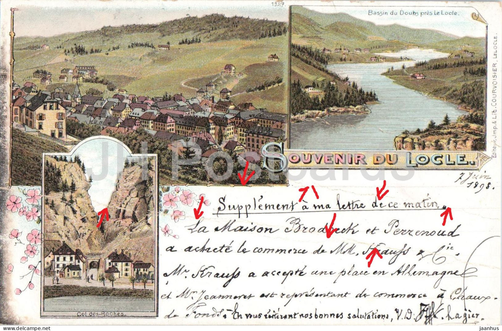 Souvenir du Locle - Col des Roches et Bassin du Doubs - Litho - 1327 - old postcard - 1898 - Switzerland - used - JH Postcards