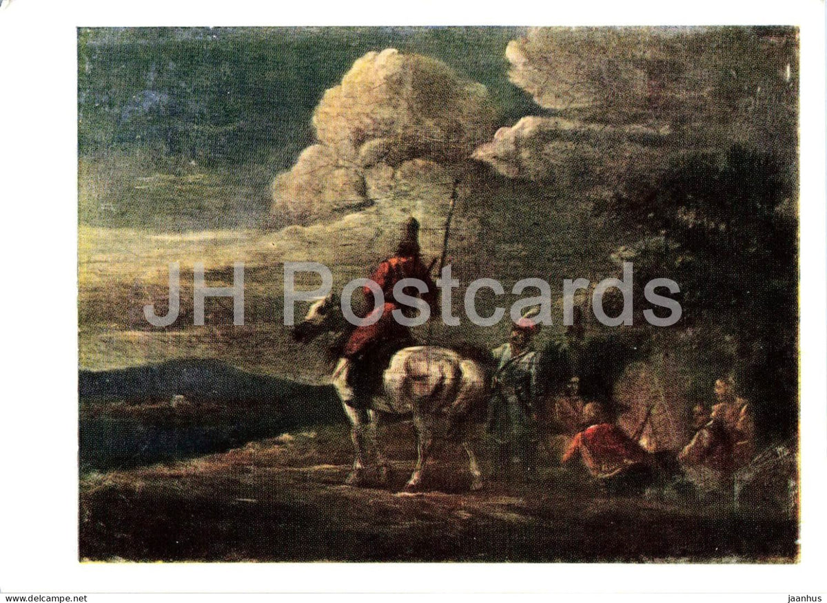 painting by Aleksandr Orlovsky - Night Bivouac of Cossacks - horse - military - Russian art 1964 - Russia USSR - unused - JH Postcards