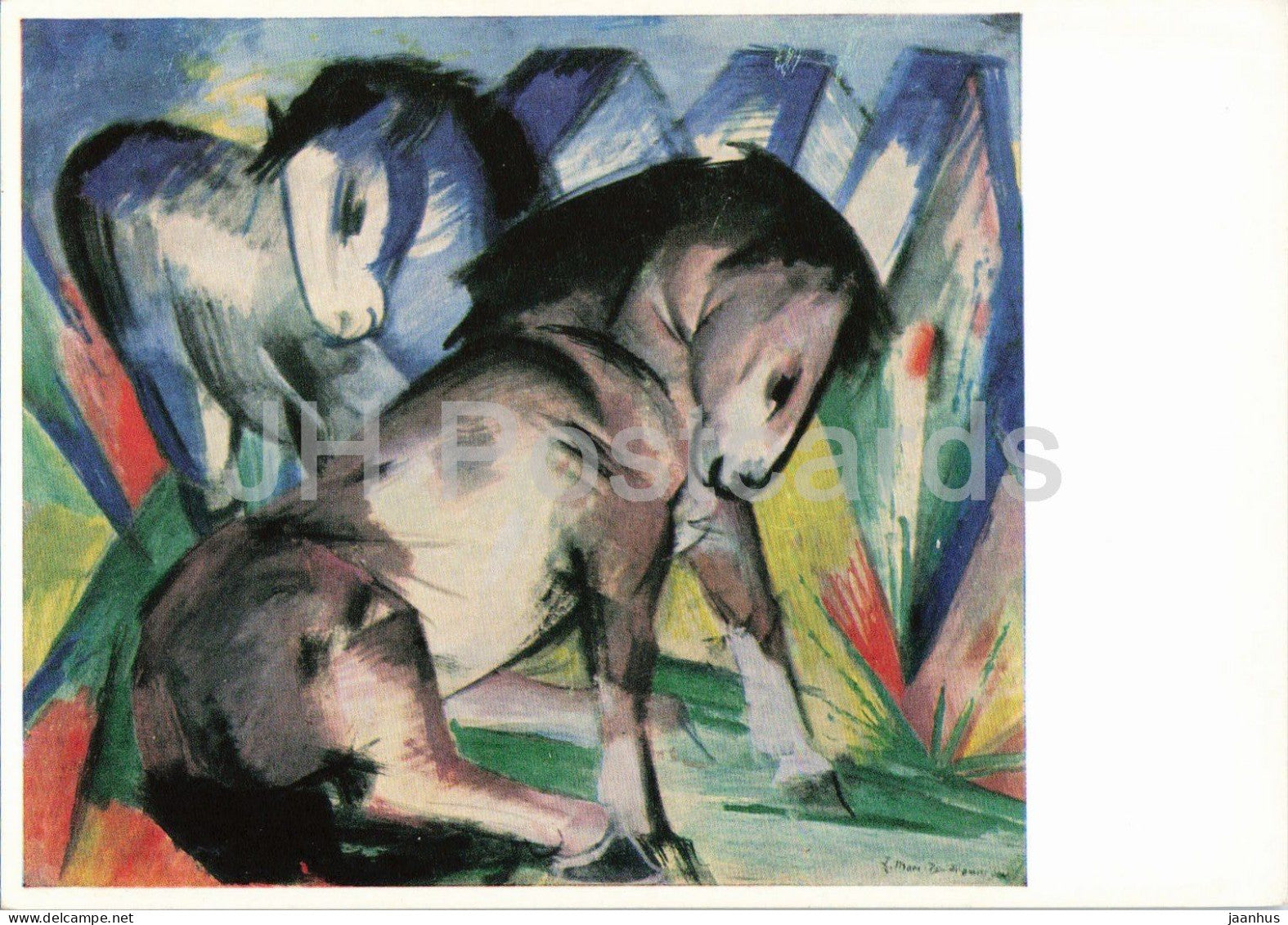 painting by Franz Marc - Zwei Pferde - Two Horses - horse - animals - German art - Germany - unused - JH Postcards