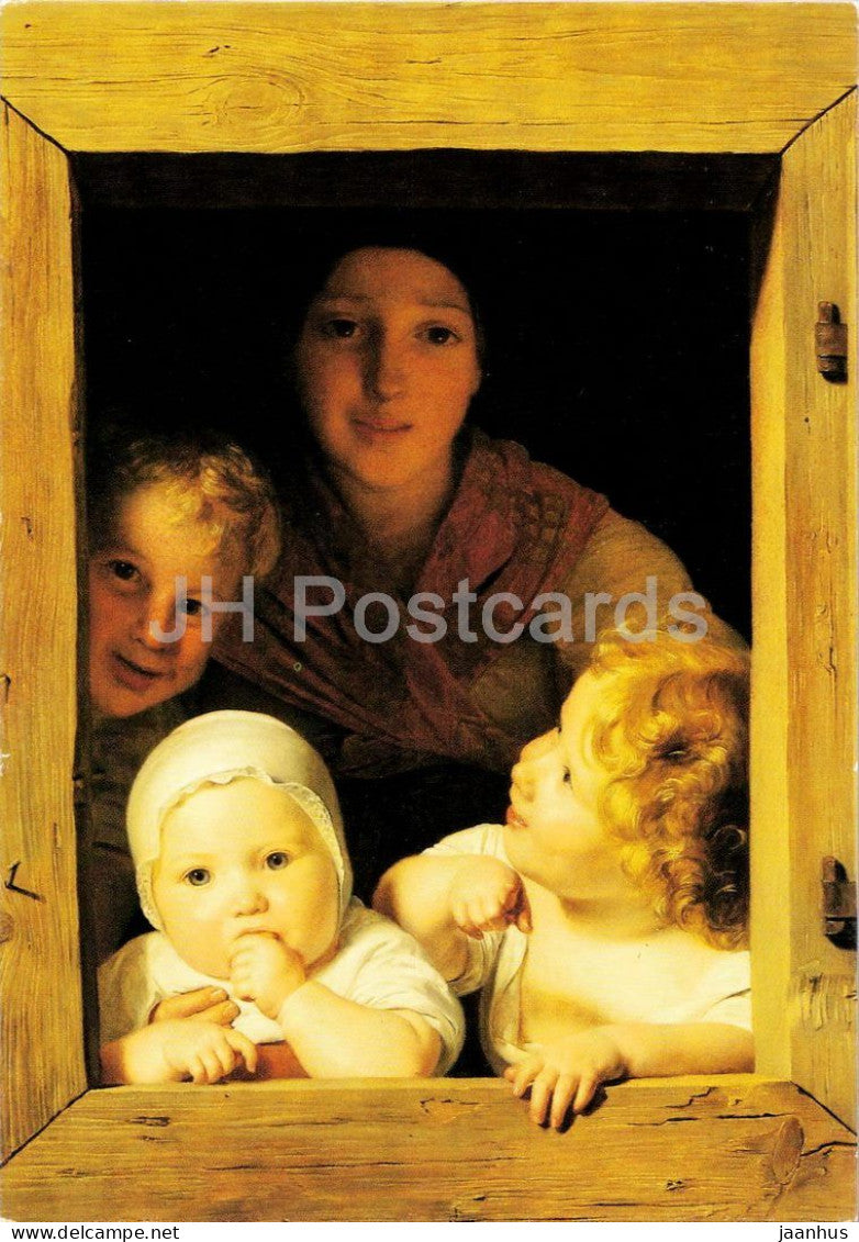 painting by Ferdinand Georg Waldmuller - Young Peasant Woman with Three Children - Austrian art 1990s - Austria - unused - JH Postcards