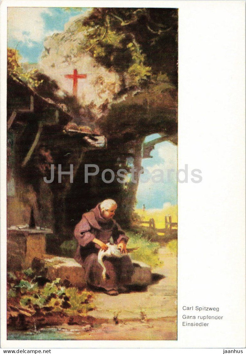 painting by Carl Spitzweg - The Hermit Plucking a Goose - Gans rupfender Einsiedler - goose - 301/28 - Germany - unused - JH Postcards