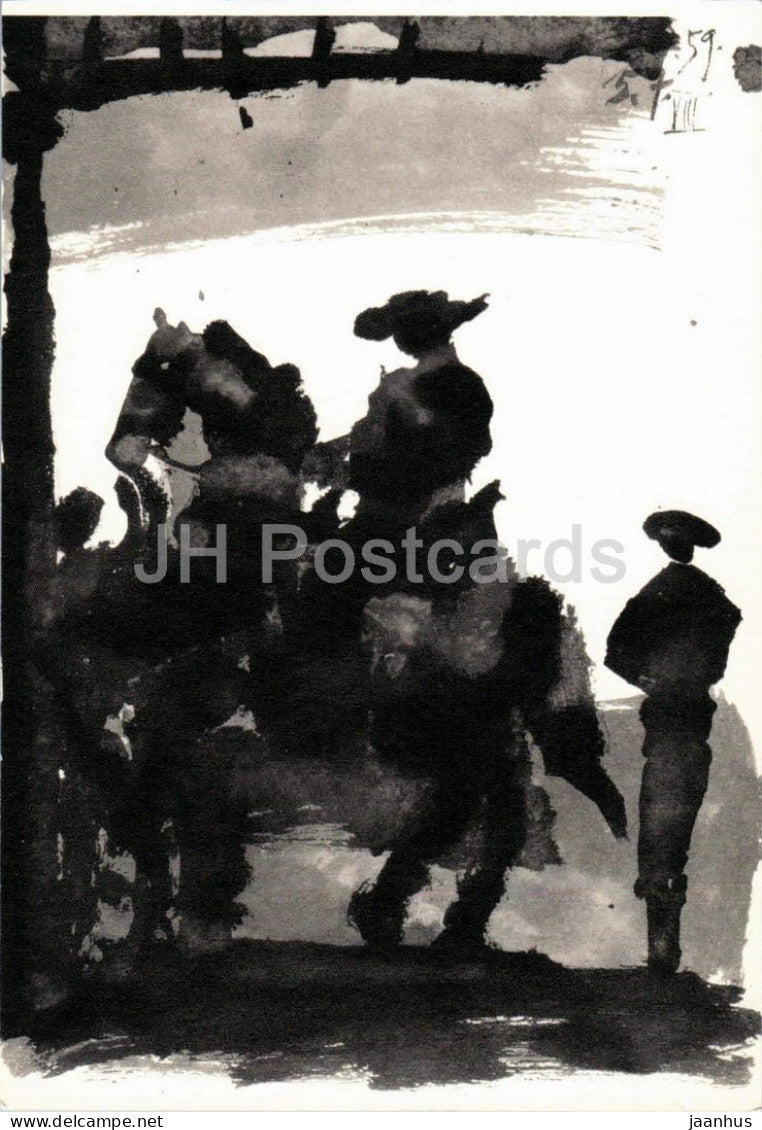 drawing by Pablo Picasso - bullfighting scene from Toros y Toreros no 6 - horse - Spanish art - 1959 - France - unused - JH Postcards