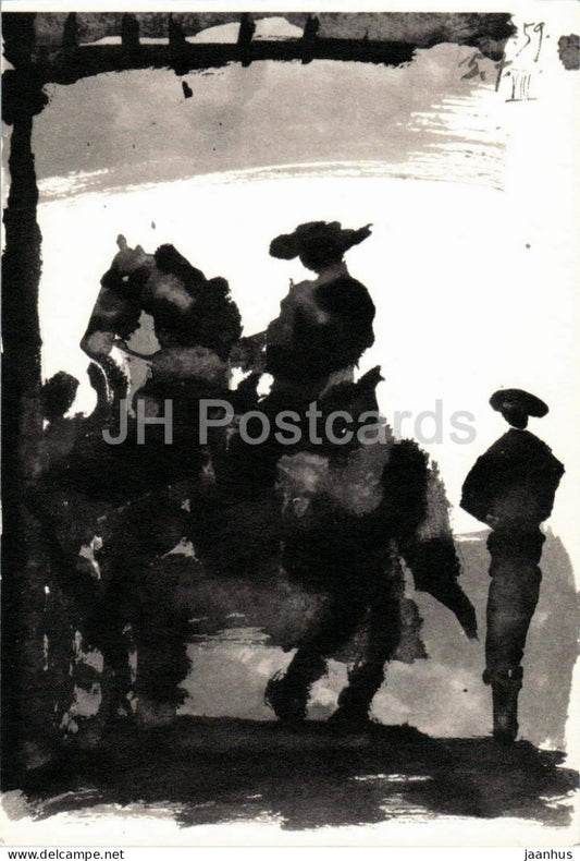 drawing by Pablo Picasso - bullfighting scene from Toros y Toreros no 6 - horse - Spanish art - 1959 - France - unused - JH Postcards