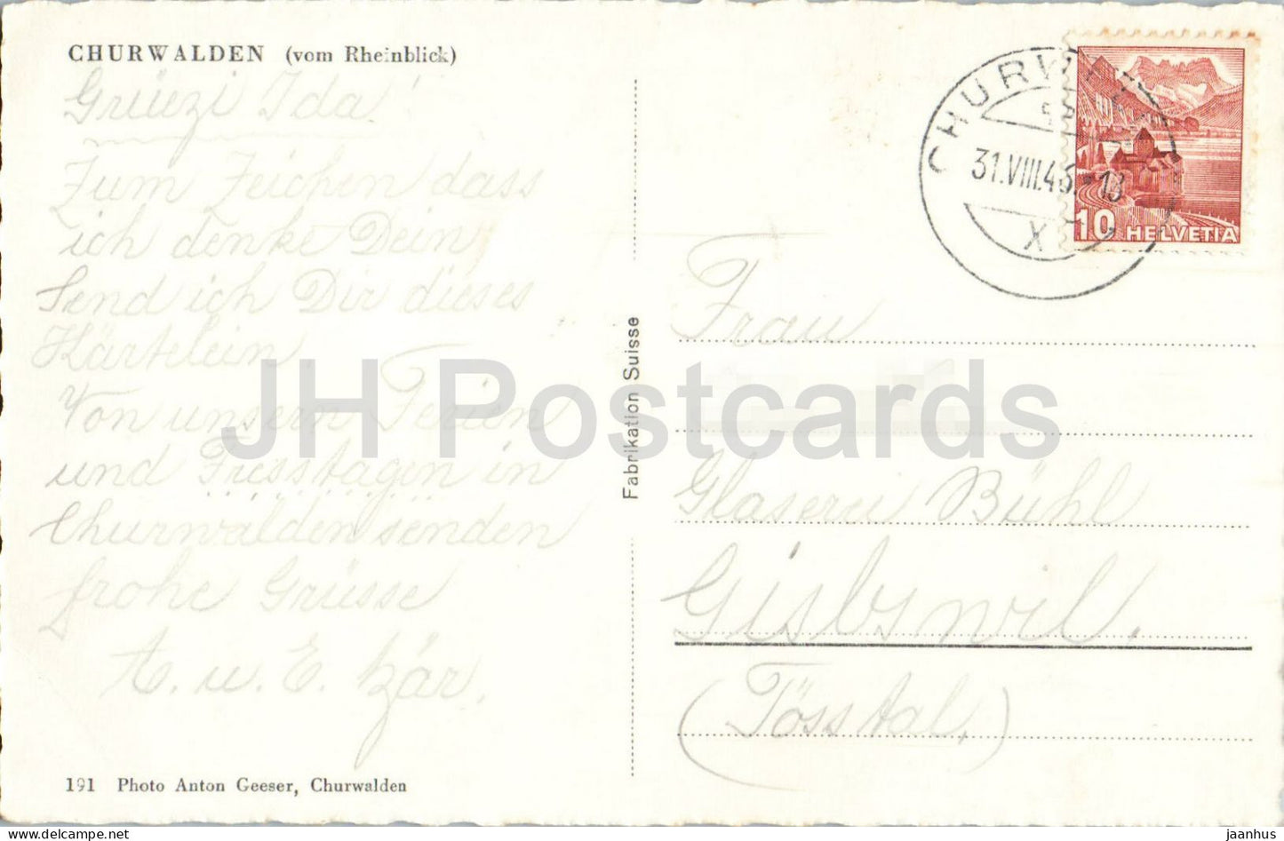 Churwalden vom Rheinblick - Rhine view - alpine village Alps - mountains 191 - old postcard - 1946 - Switzerland - used