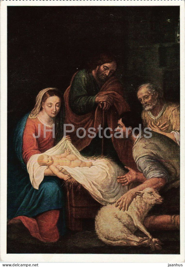 painting by Bartolome Esteban Murillo - Nativity - Christi Geburt - sheep - Spanish art - 9052 - Germany - unused - JH Postcards