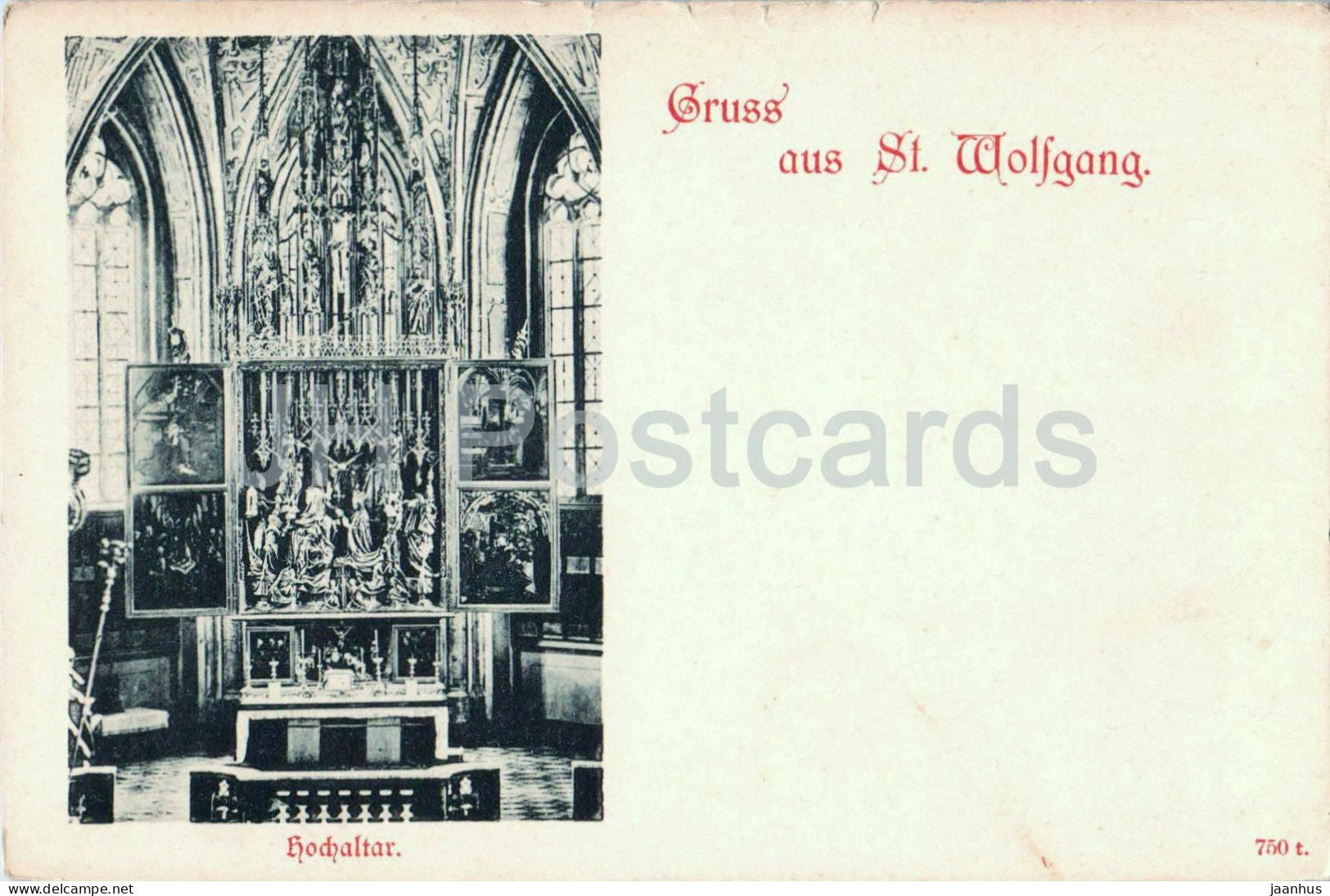Gruss aus St. Wolfgang - church - interior - altar - 750 - old postcard - 1900s - Austria - unused - JH Postcards