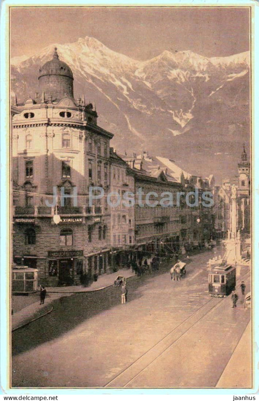 Innsbruck - Cafe Restaurant Maximilian und Maria Theresien Strasse - street tram - old postcard - 1912 - Austria - used - JH Postcards