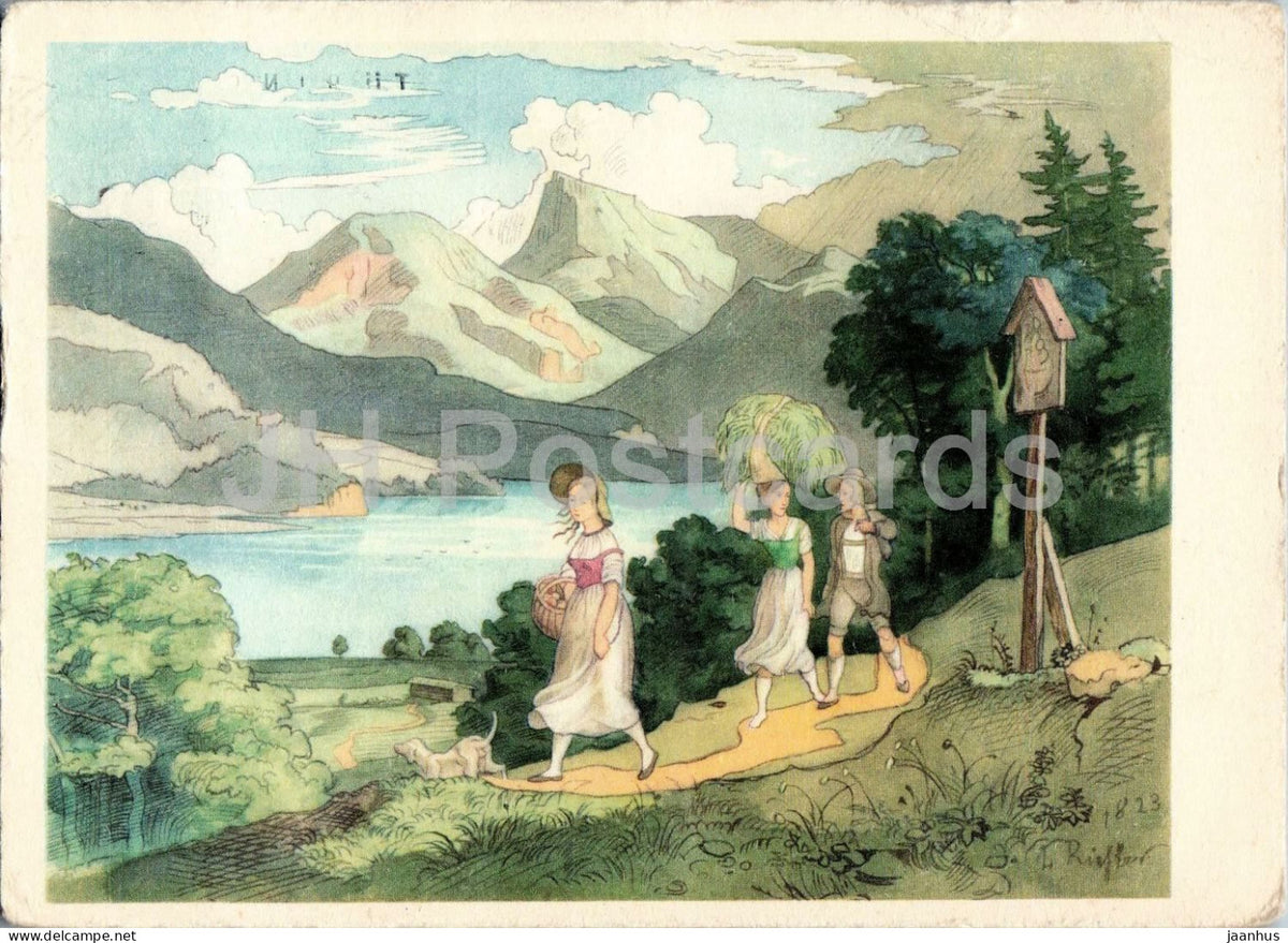 watercolor by Ludwig Richter - Alpine Landscape with Lake - Alpenlandschaft mit See - art - 1968 - Germany - used - JH Postcards