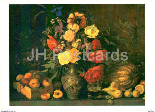 painting by I. Khrutsky - Still Life - Flowers and Fruits - peach - pear - Russian art - 1981 - Russia USSR - unused - JH Postcards