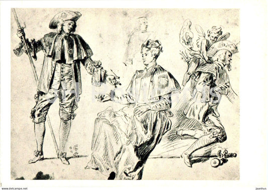 drawing by Jean-Antoine Watteau - standing man with a stick - French art - 1967 - Russia USSR - unused - JH Postcards